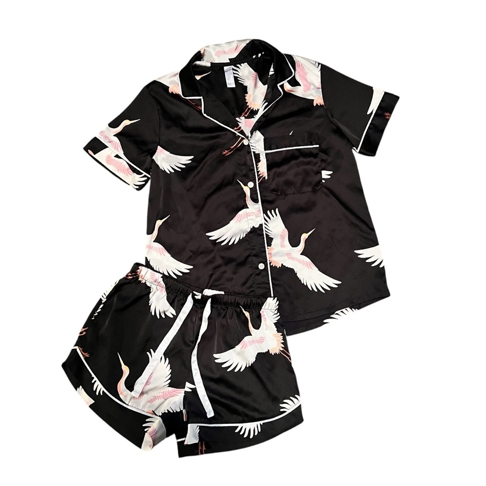 Black White Pink Crane Bird Print Short Sleeve Short Pajama Set Size XS